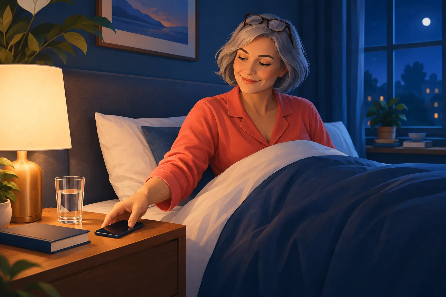 Woman sitting up in bed placing her phone face down on the nightstand, peaceful and ready to sleep