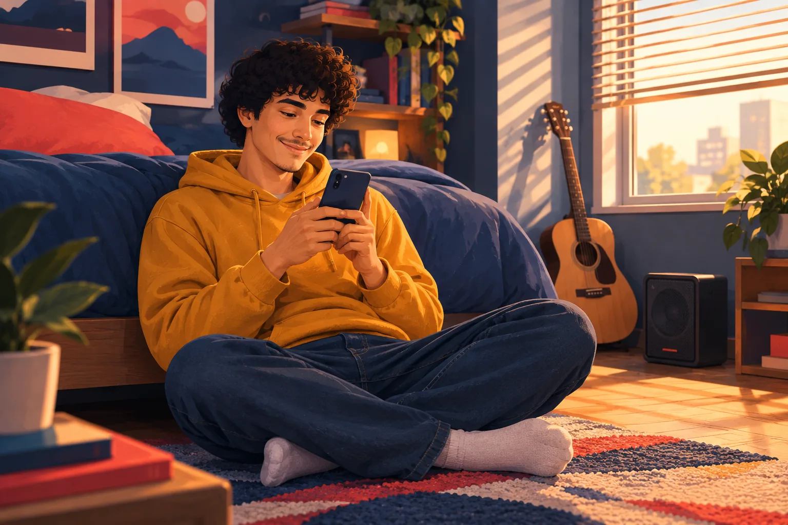 Young man on his bedroom floor switching off unwanted alerts on his phone with a satisfied smile