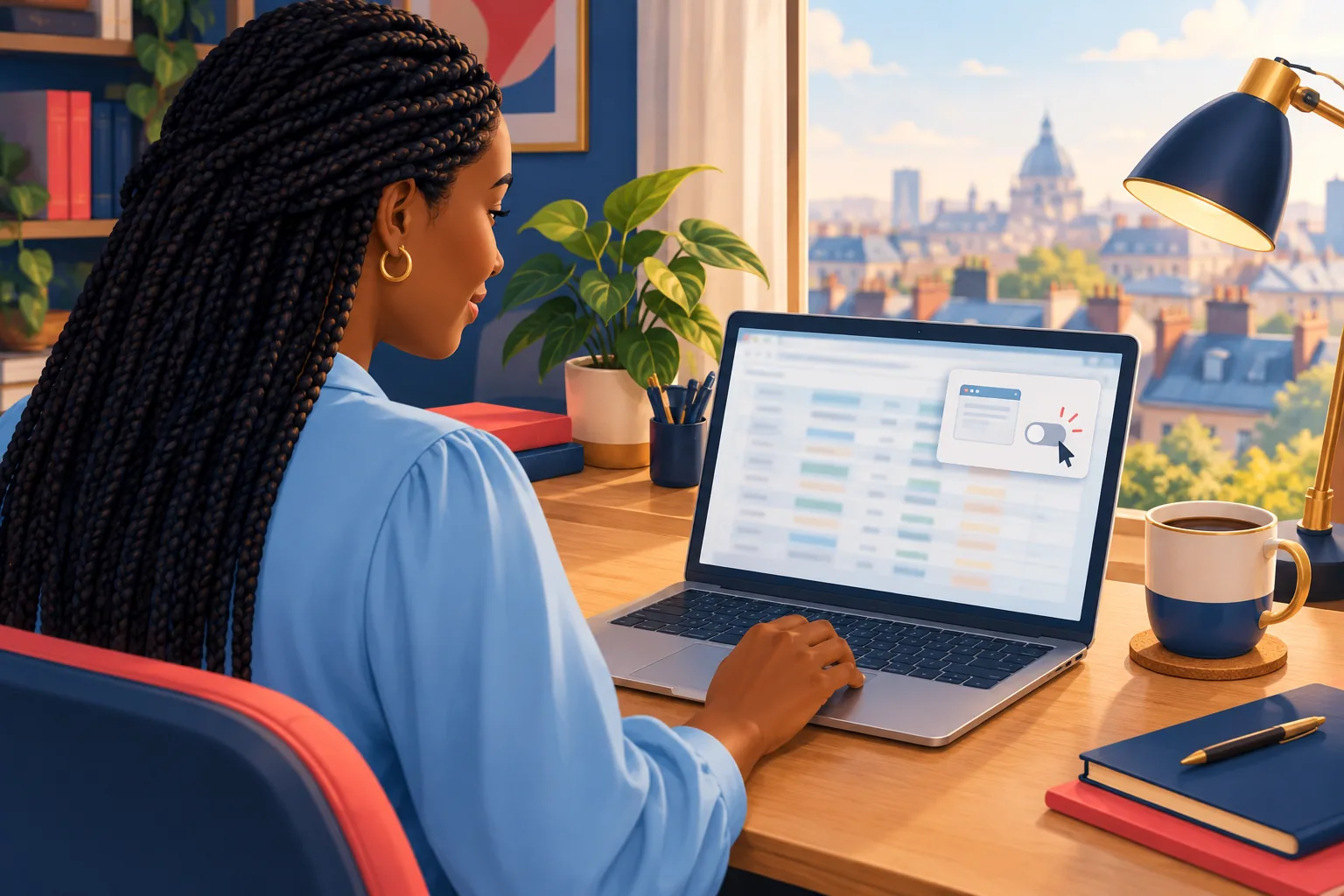 Woman at a home office laptop turning off browser pop-ups, moving from distracted to focused
