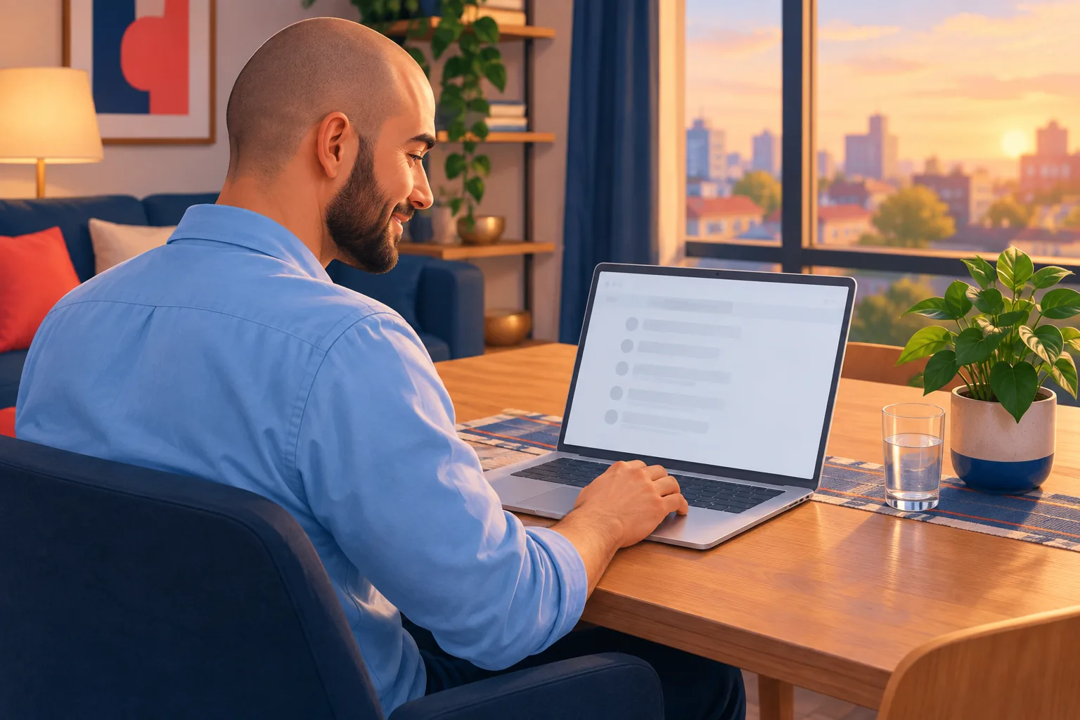 Man at a dining table unticking unwanted YouTube email settings on his laptop, smiling as the clutter clears