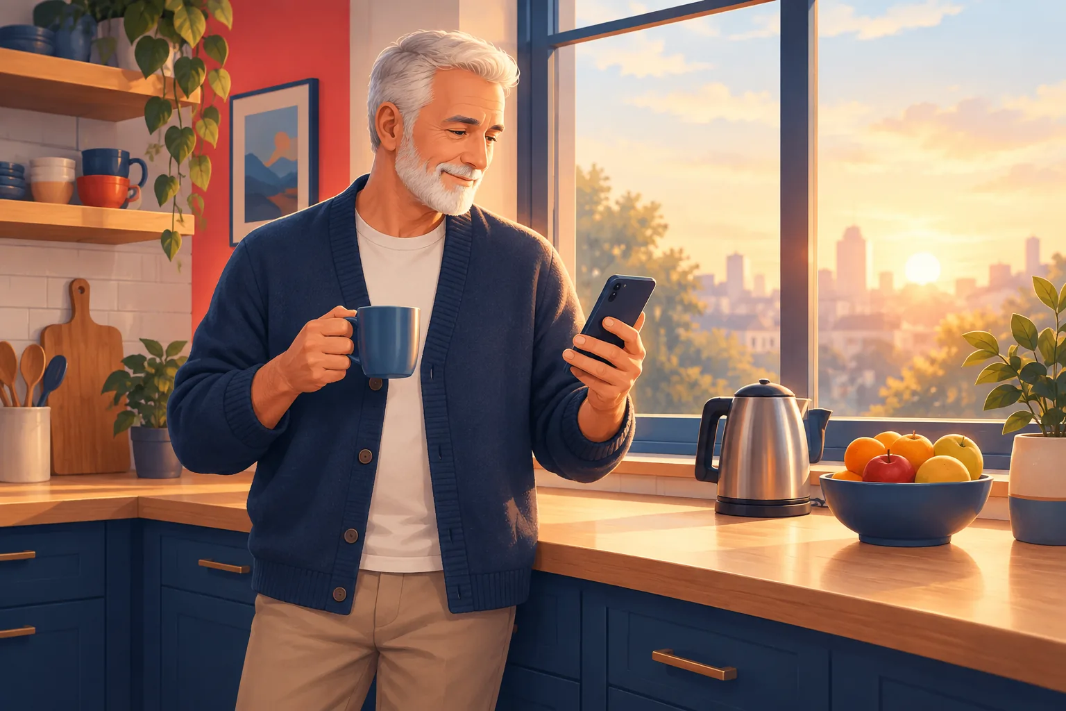 Older man by a kitchen window at sunrise, coffee in hand, calmly checking one daily summary on his phone