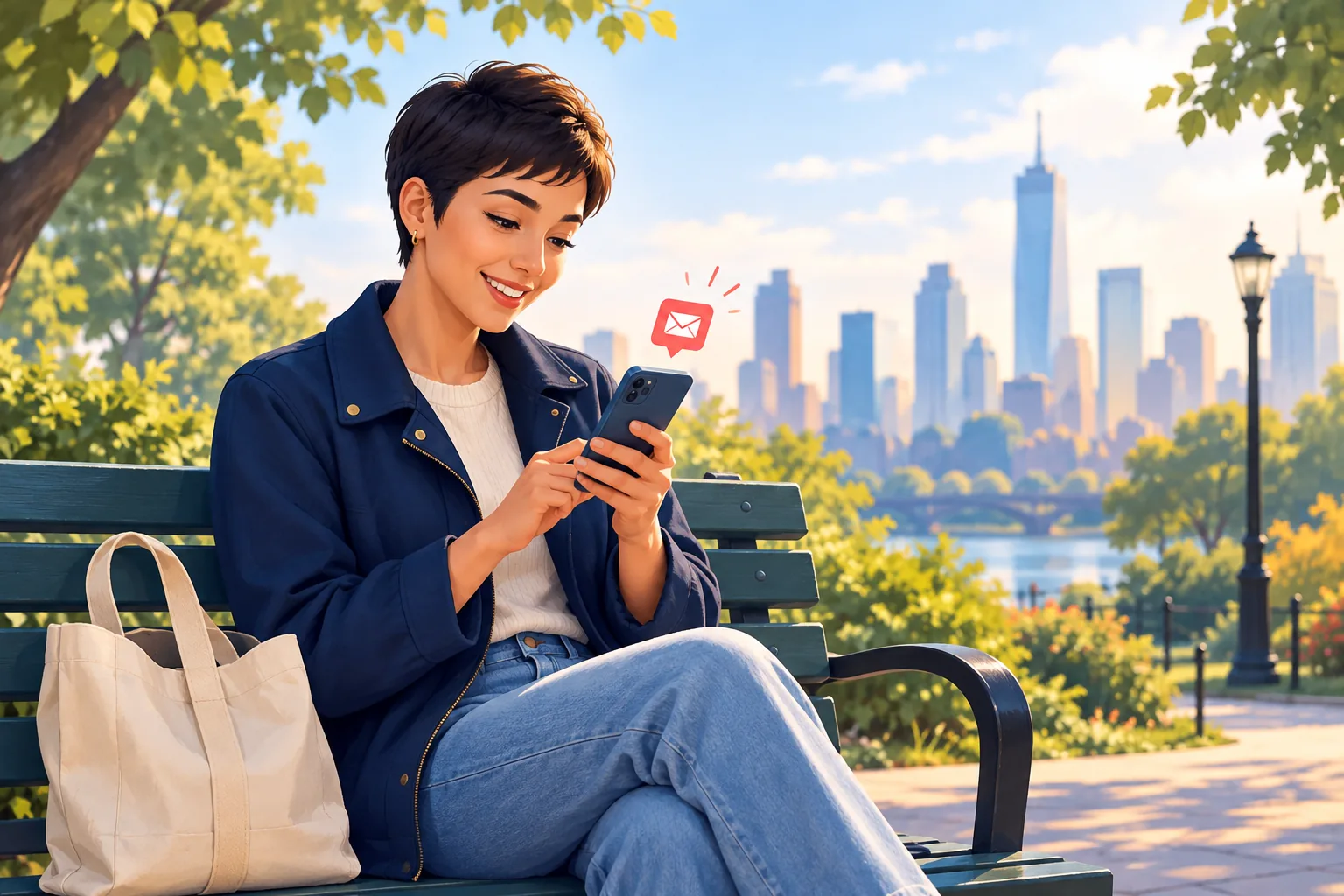 Young woman on a park bench smiling at a new upload email on her phone, a single coral envelope above it
