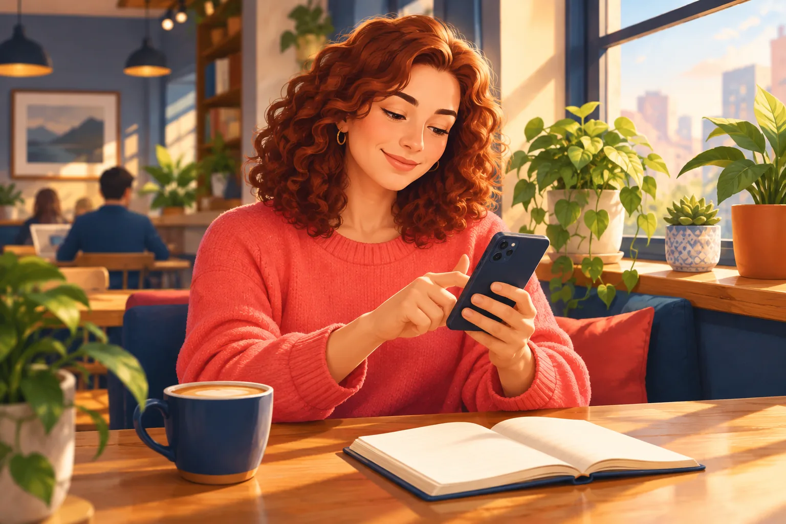 Woman in a sunny cafe switching off YouTube alerts on her phone, relaxing with a calm, relieved smile