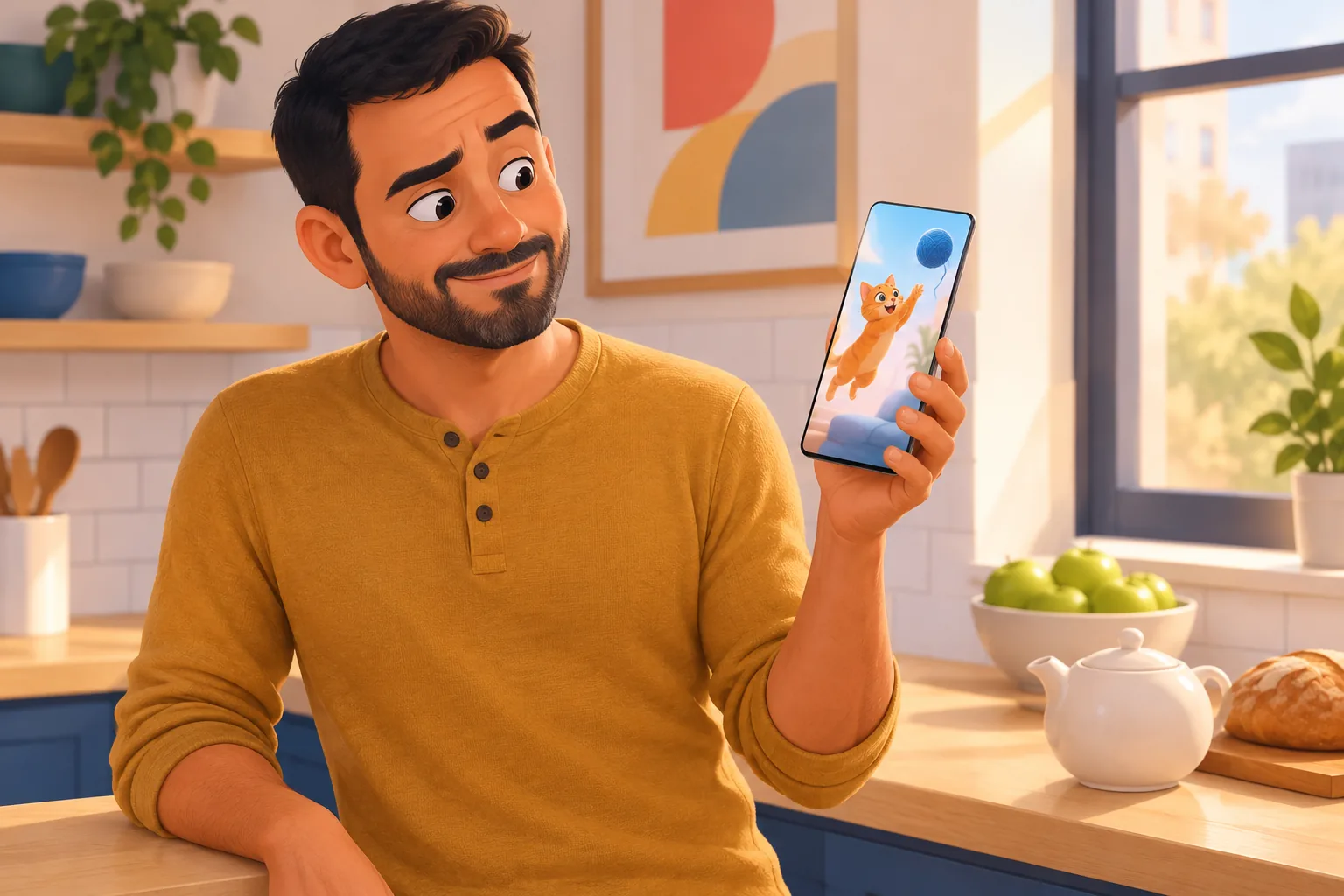 Man at a kitchen counter raising an eyebrow at a short vertical clip of a leaping cat on his phone