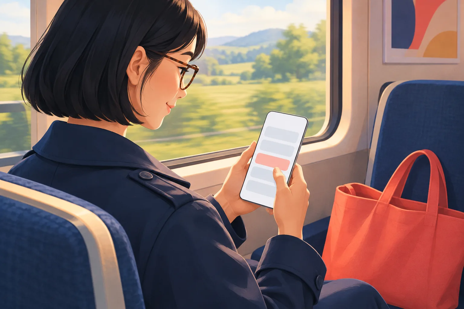 Young woman on a commuter train tapping her phone with a small, satisfied smile, its screen showing blank rows