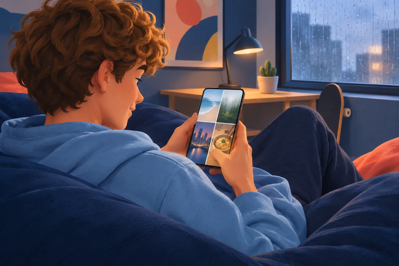 Teen boy on a navy beanbag grinning at his phone as he tidies a grid of four blurred picture tiles