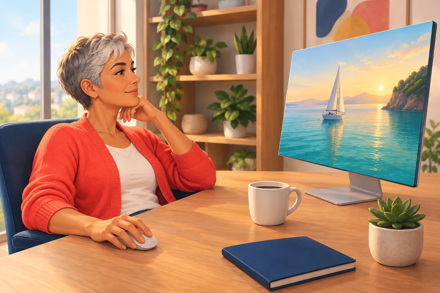 Woman with a silver pixie cut leaning back at her desk, watching a sailboat video on a large monitor