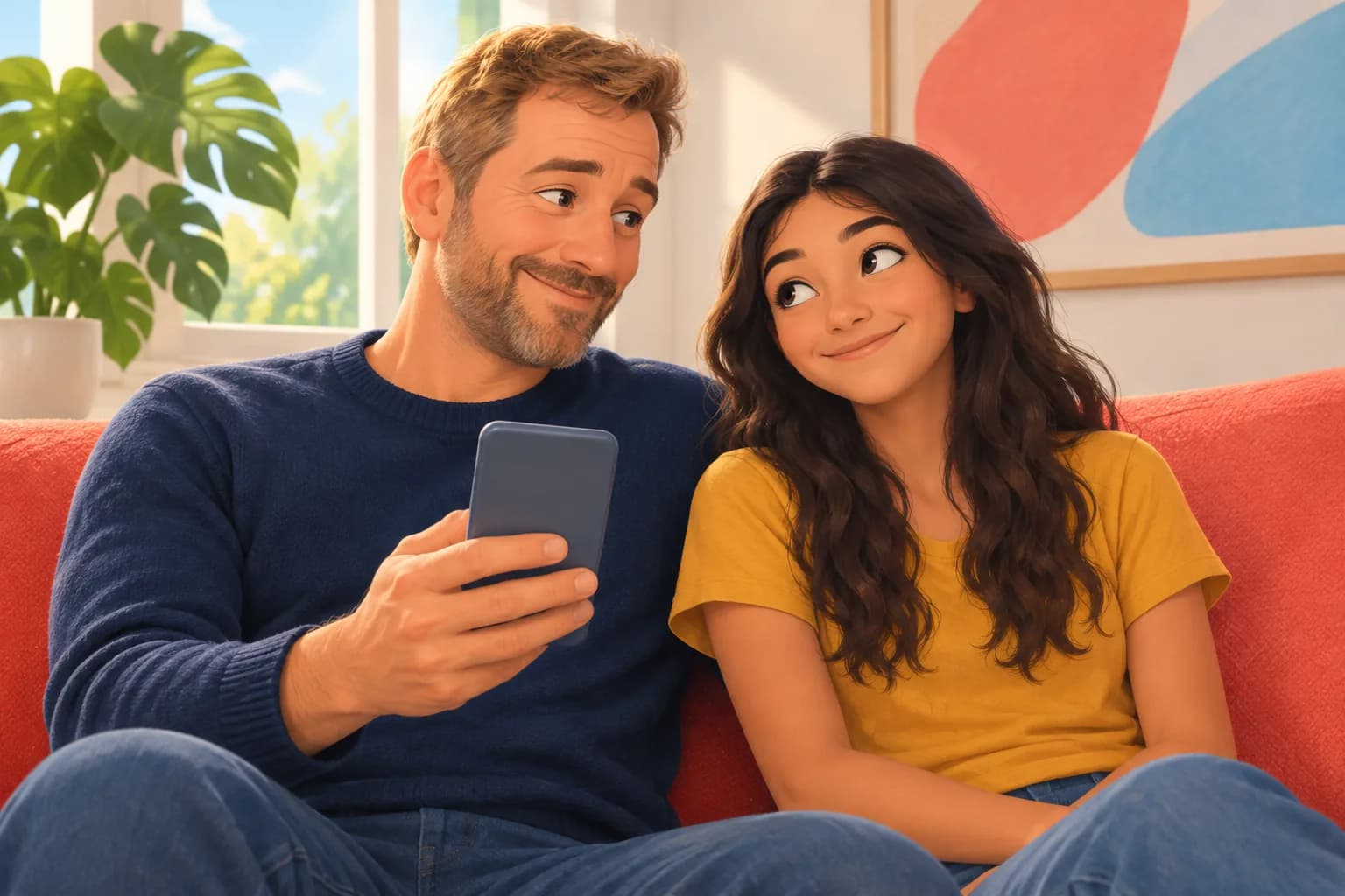 Dad and teenage daughter on a sofa sharing a good-humored look over his phone after agreeing on a rule