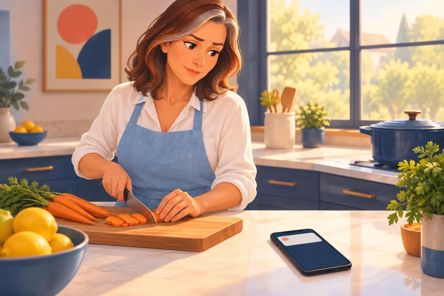 Woman in a sunny kitchen pausing mid-chop to glance skeptically at one alert card on her phone
