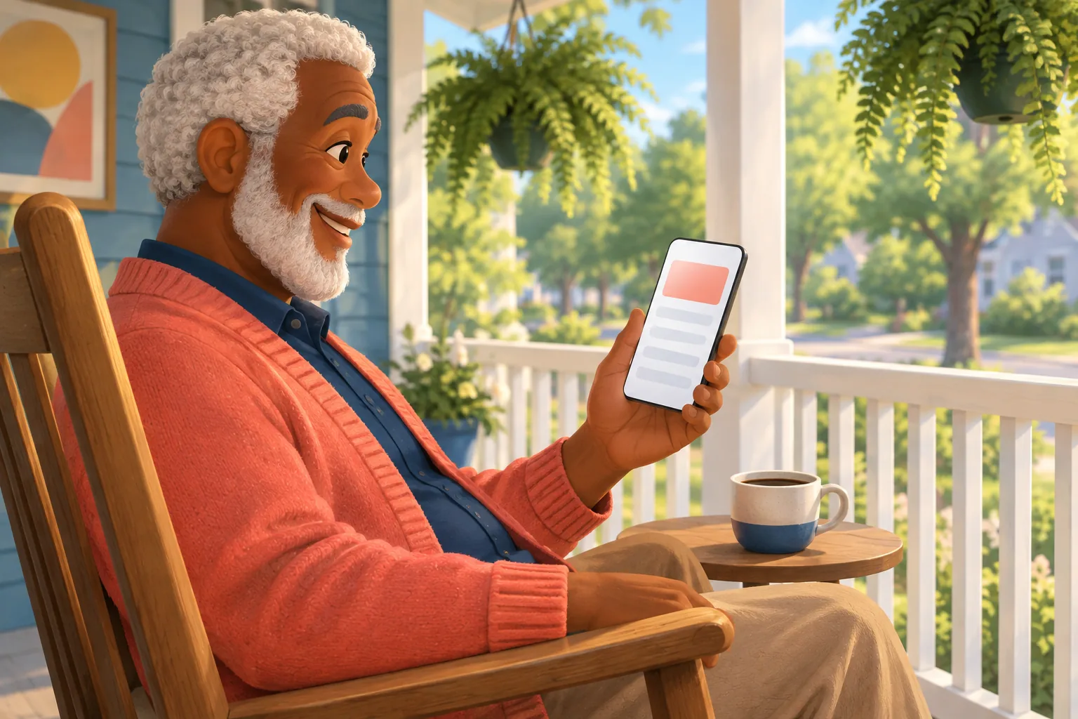Older man in a rocking chair on a sunny porch breaking into a smile as he reads a new-video email on his phone