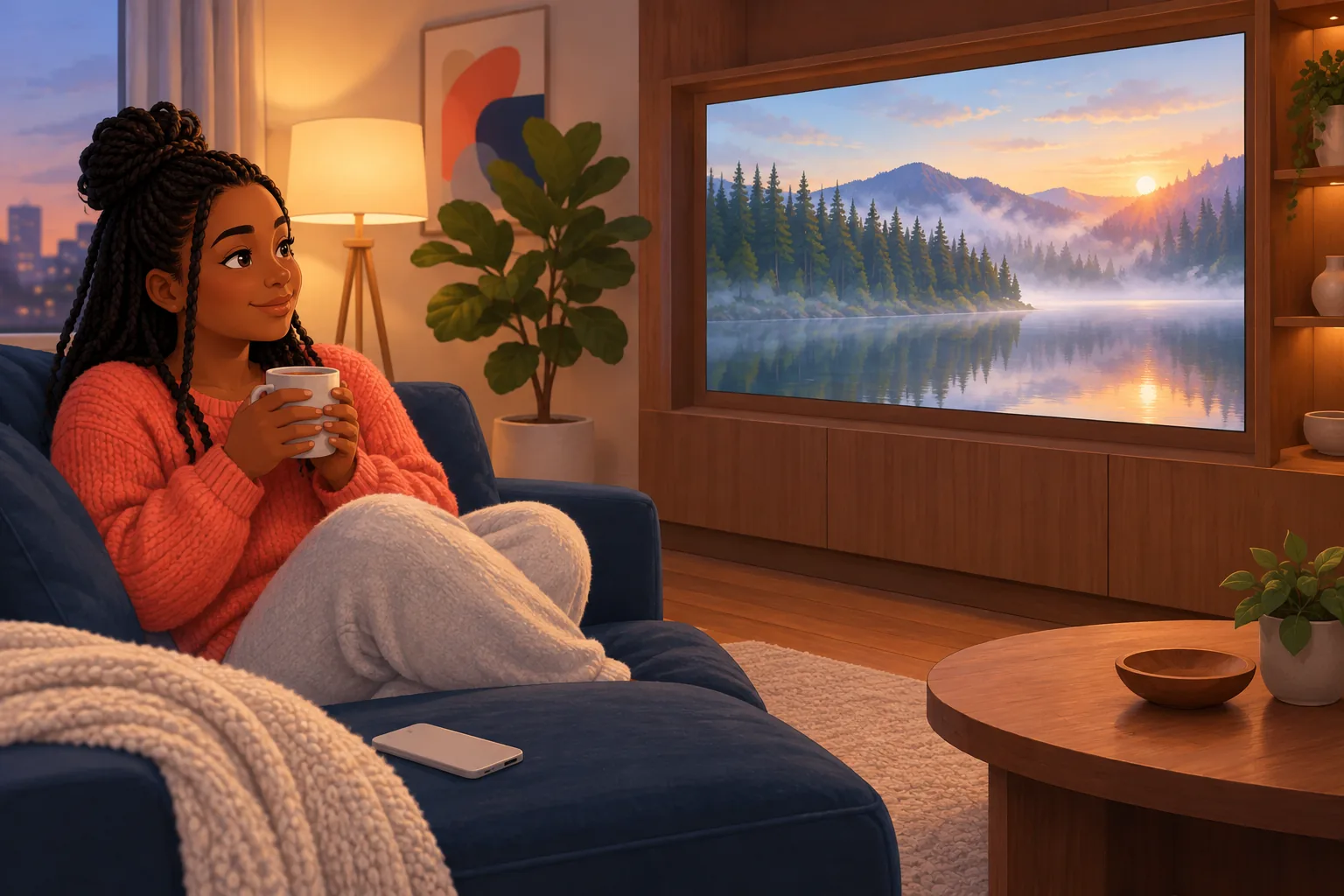 Woman on a navy sofa with tea, her phone face-down beside her, smiling at a long nature film on her TV