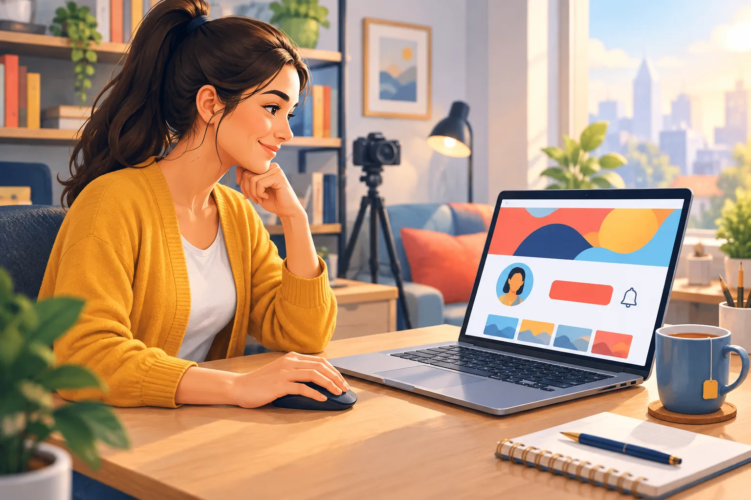 Woman at a desk switching on the bell for a favorite channel on her laptop, looking pleased with herself