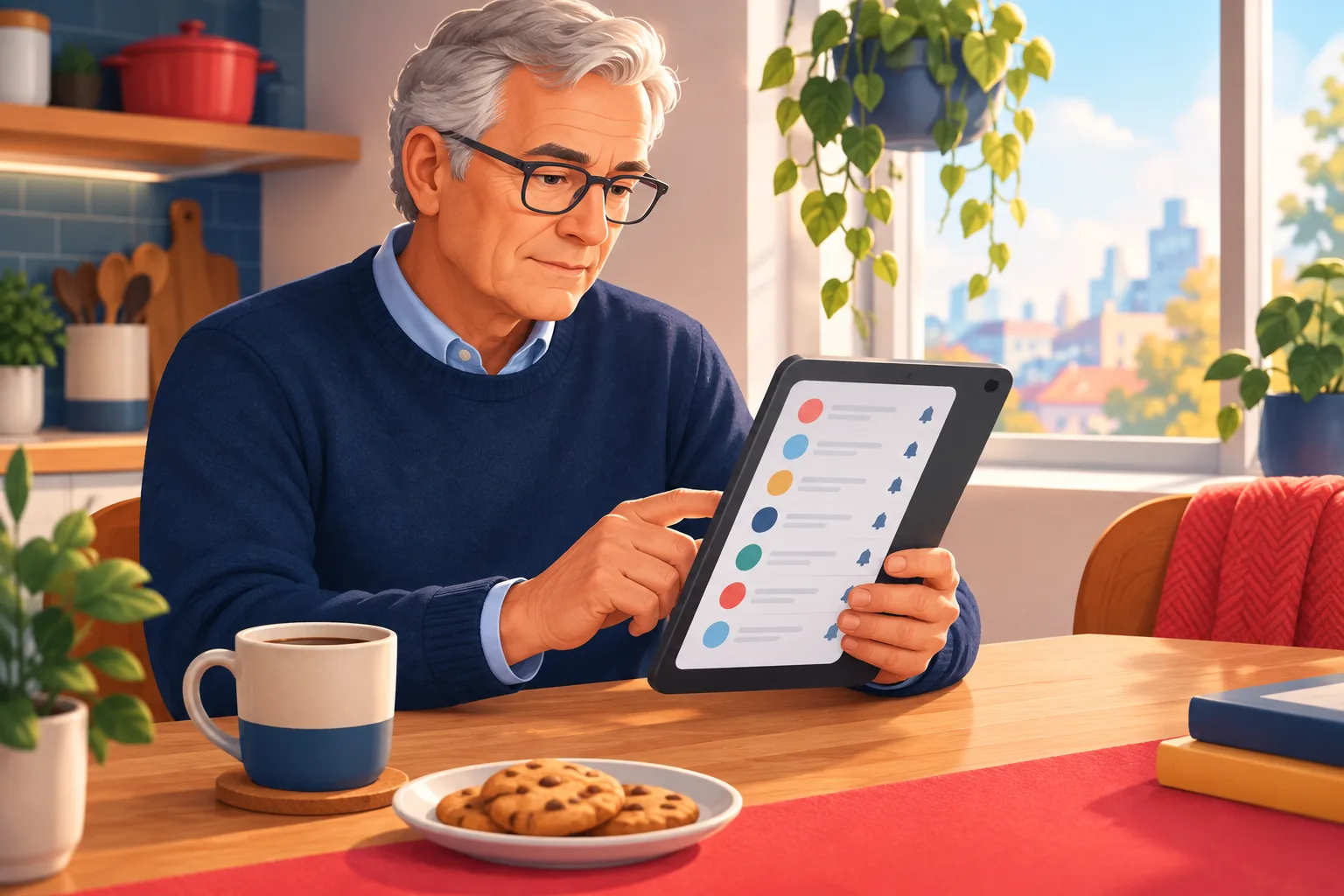 Older man in reading glasses at a kitchen table carefully going through his subscriptions list on a tablet, focused and methodical