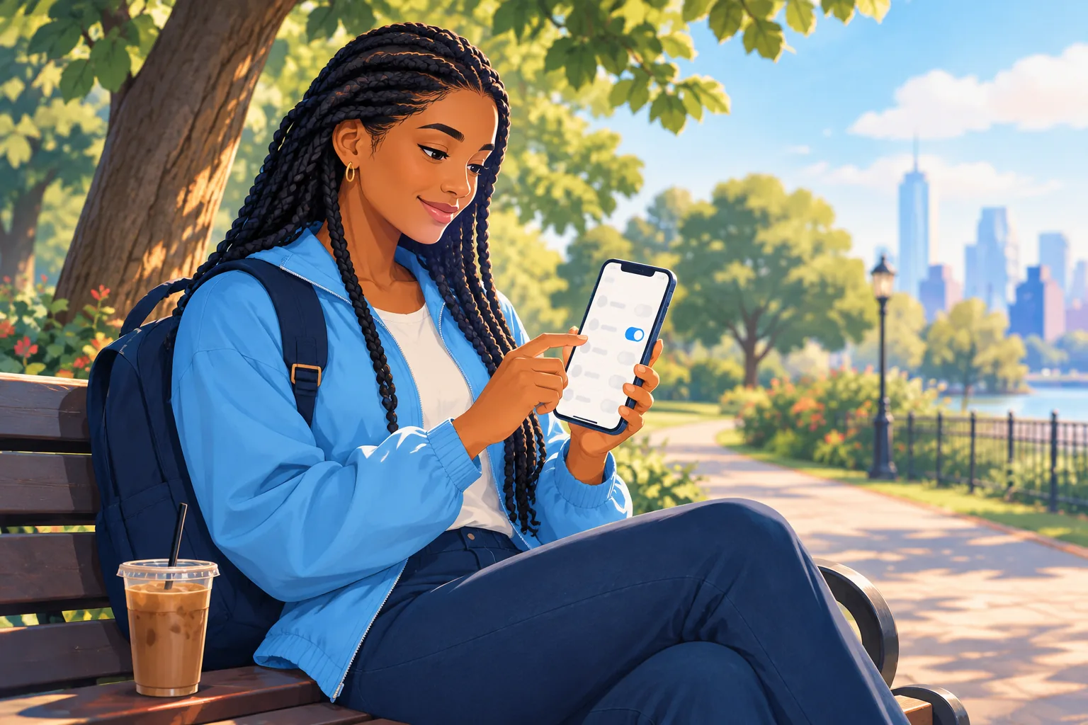 Young woman on a park bench opening her phone's settings to let an app send alerts, a quick satisfied smile
