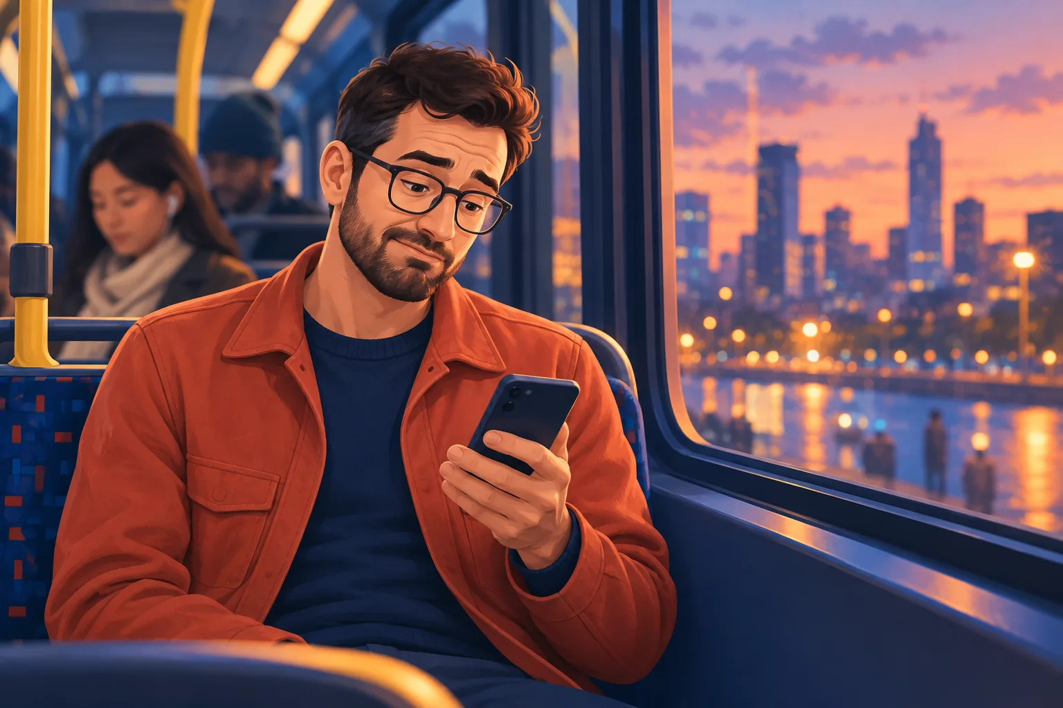 Man on a city bus looking at his quiet phone, slightly let down after realizing a channel posted hours ago