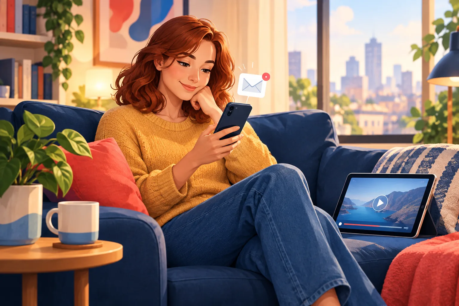 Woman relaxing in a sunny living room smiling at a new email on her phone, a tablet beside her ready to play the video