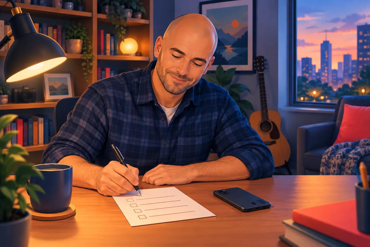 Man in a cozy home office ticking items off a short paper checklist next to his phone, calm and confident