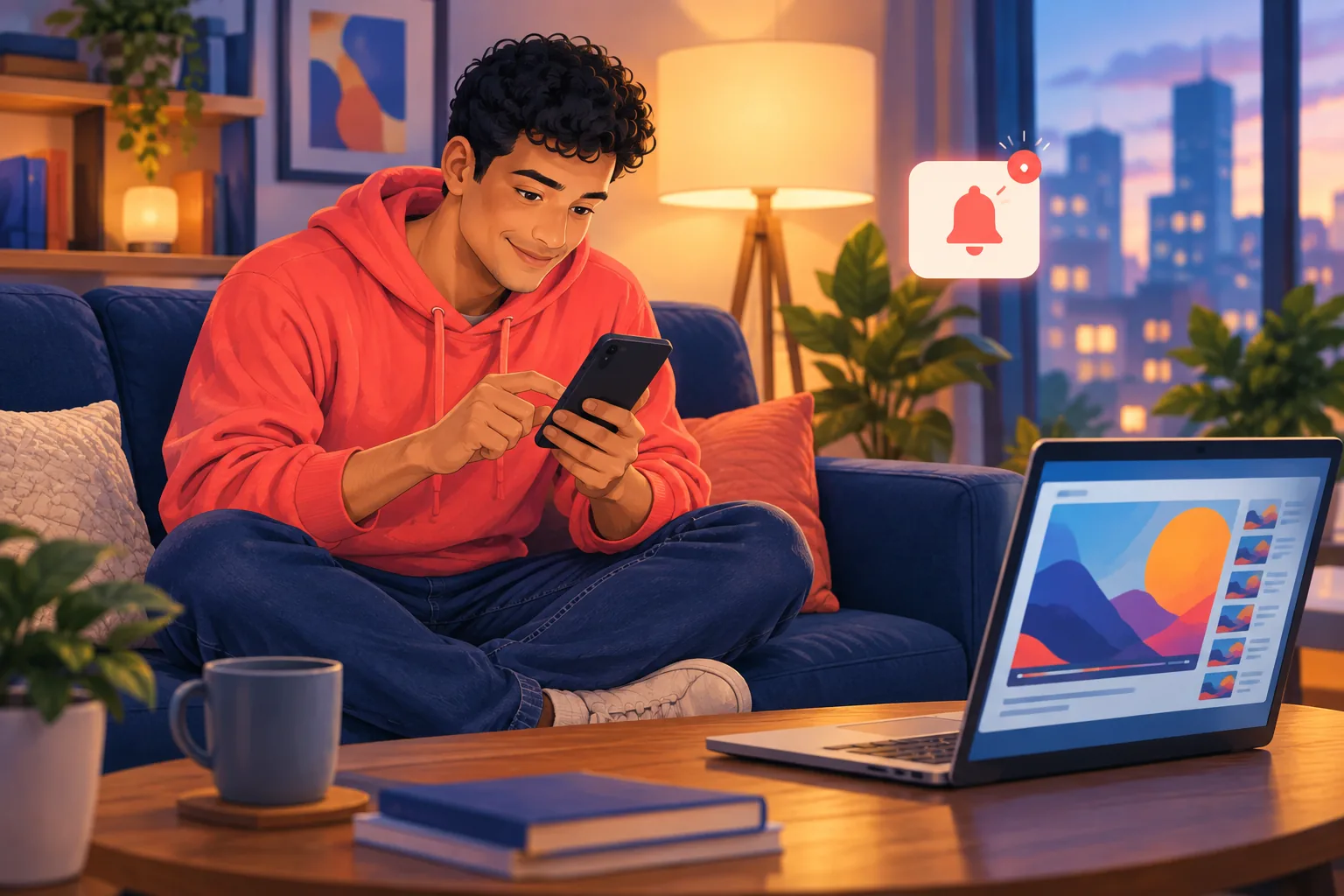 Young man on a couch tapping the bell under a favorite channel on his phone, hopeful he will never miss a video