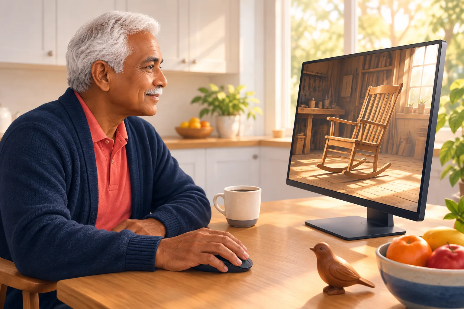 Retired man at his kitchen table uploading his woodworking video on a desktop computer, focused and pleased