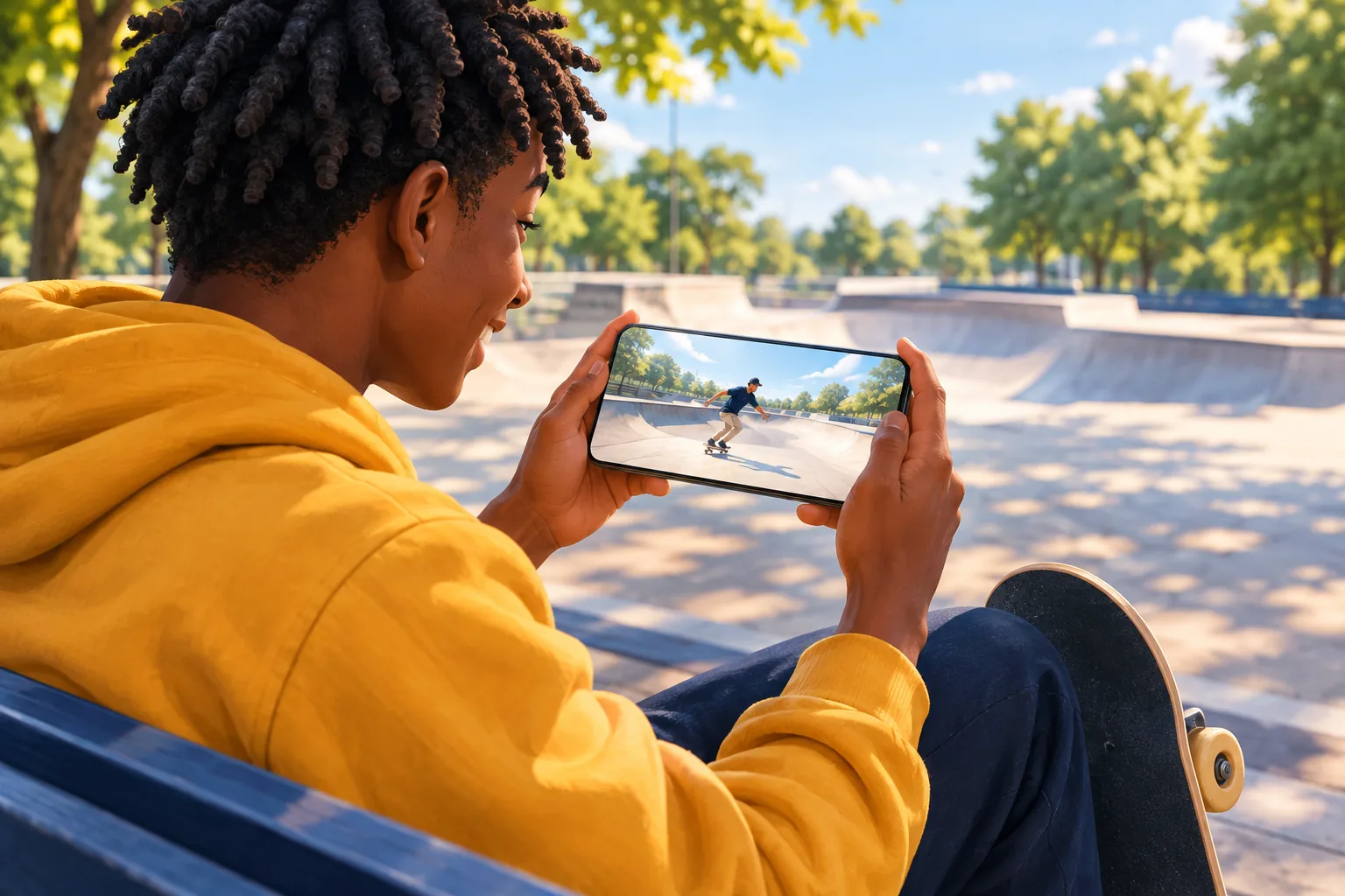 Teen skater on a park bench holding his phone sideways to upload a clip, grinning with anticipation