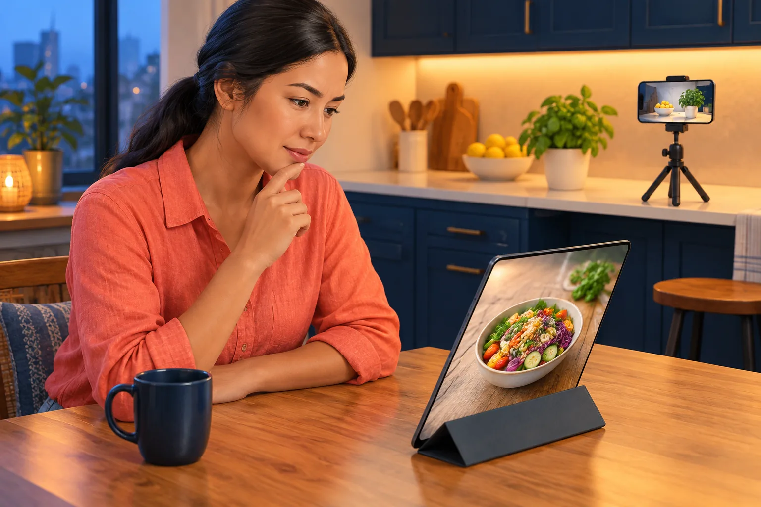 Cooking creator at her kitchen table double-checking her upload settings on a tablet before publishing, thoughtful