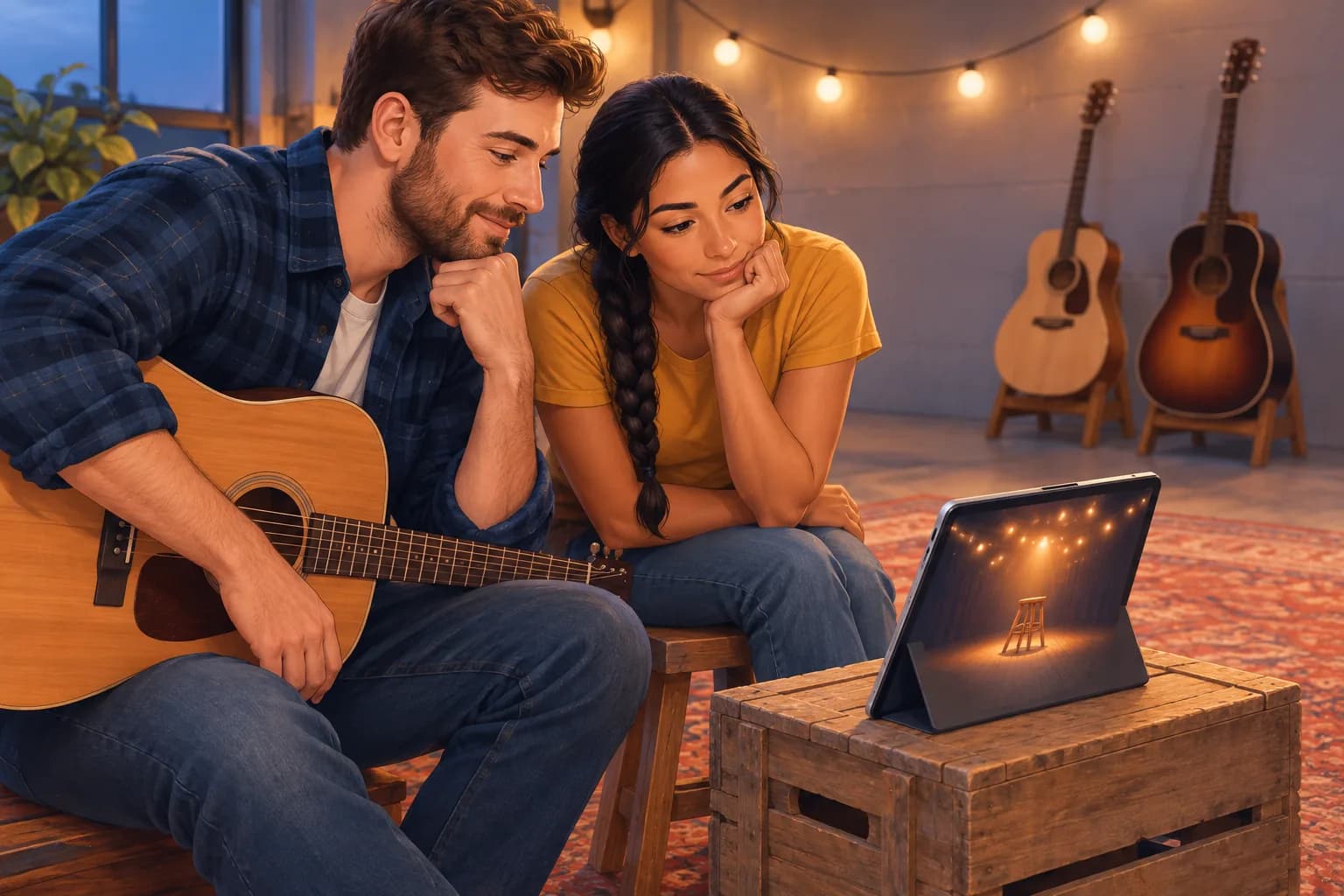 Two bandmates in their garage rehearsal space leaning toward a tablet, waiting for their new video to finish processing