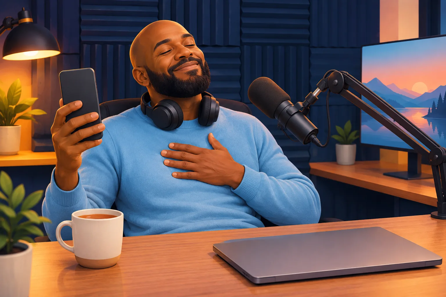 Podcaster in his home recording room smiling with relief after verifying his account to upload a long episode
