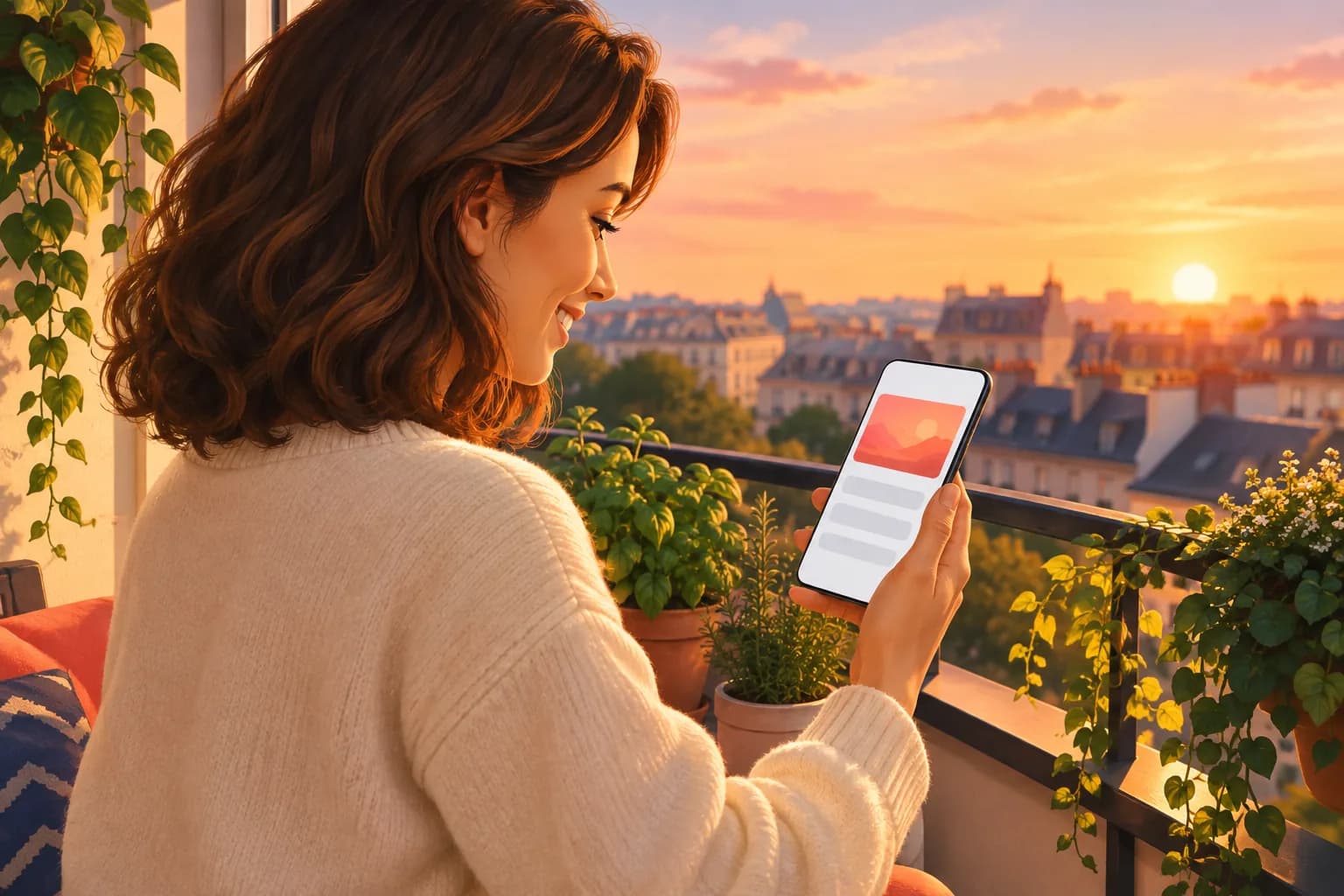 Fan on her balcony at golden hour smiling at her phone as an email about a new video from her favorite creator arrives