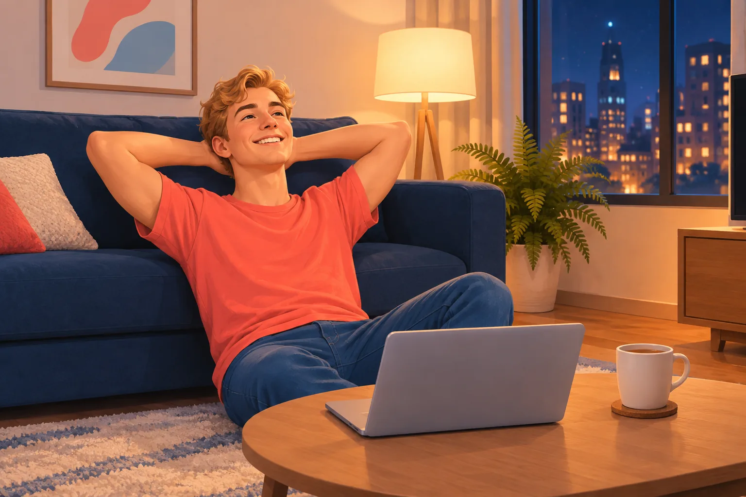 Creator sitting on his apartment floor with his laptop, smiling with relief after publishing his first video