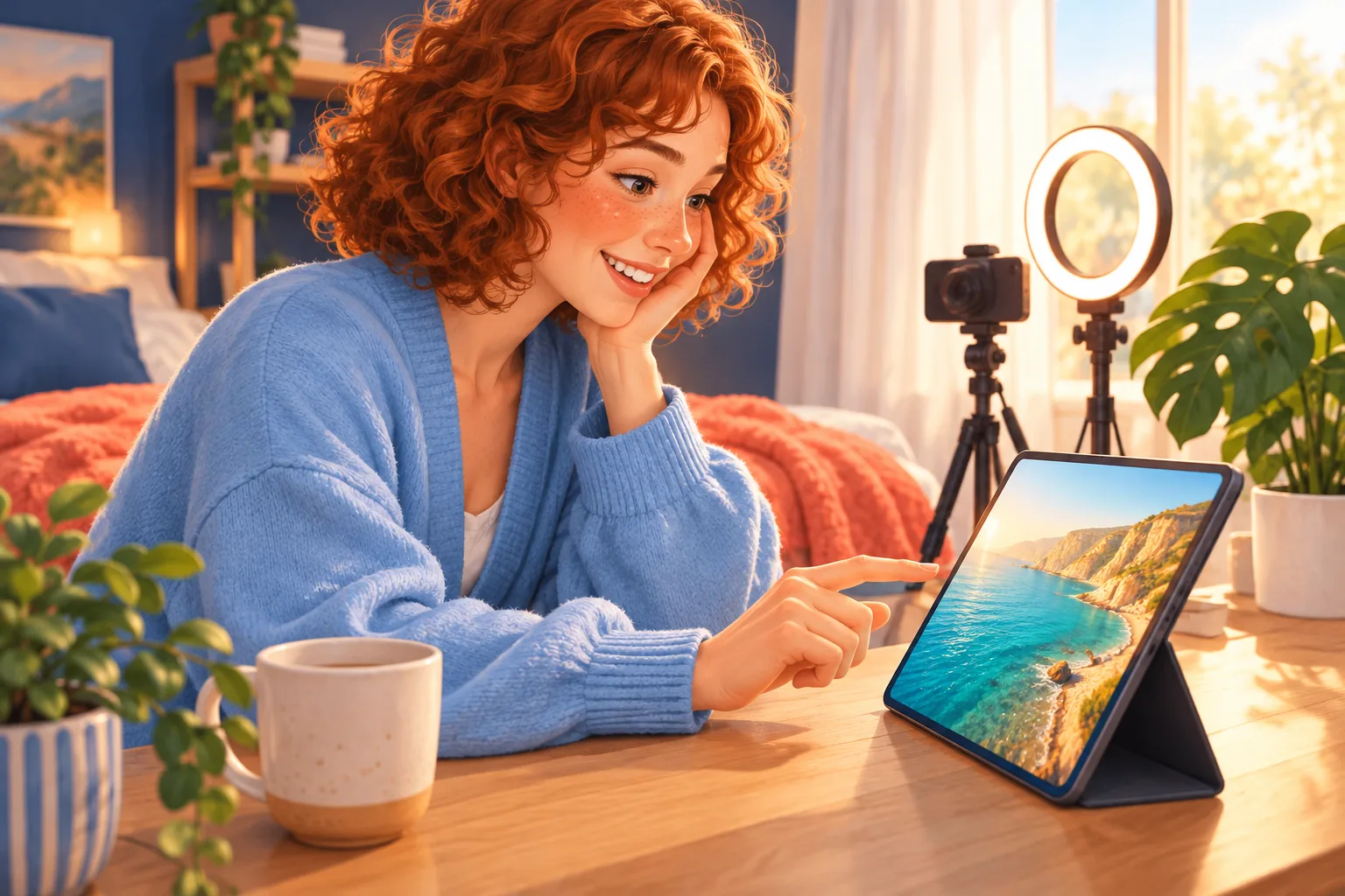 Young creator at her desk about to upload her first YouTube video from a tablet, hopeful and excited