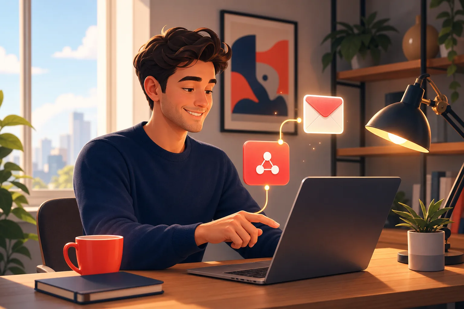 Young man at a sunny desk happily clicking together a simple applet on his laptop, pleased it was easy