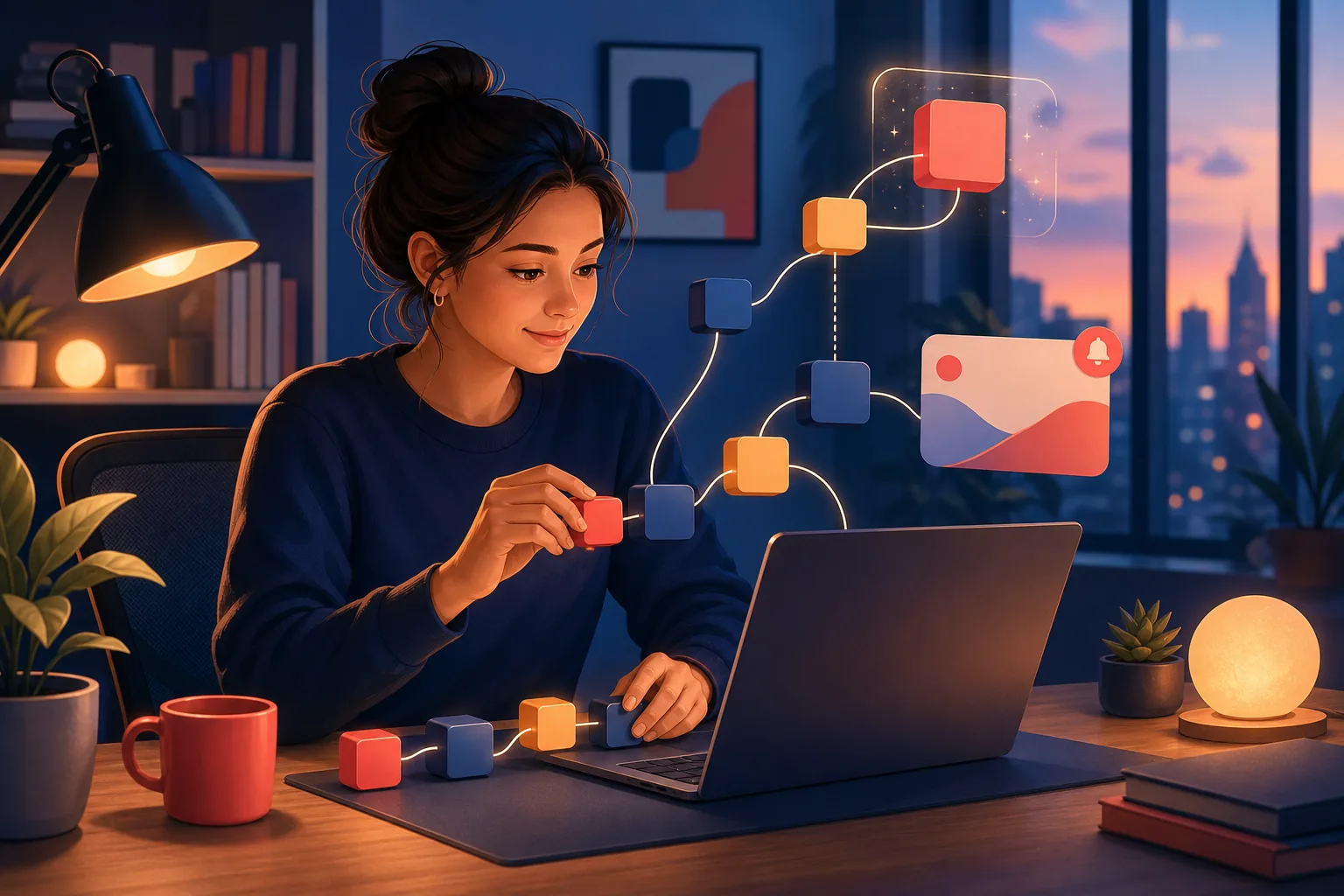 Focused woman at a desk at dusk snapping together glowing automation blocks, absorbed in building a workflow