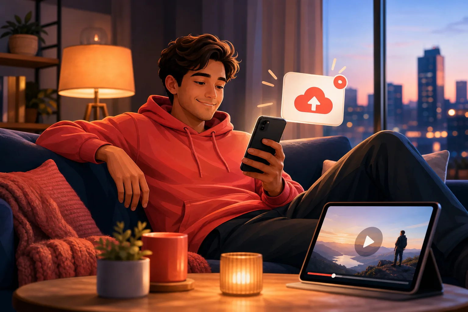 Relaxed young man on a couch smiling at a clean upload alert on his phone, nothing to configure