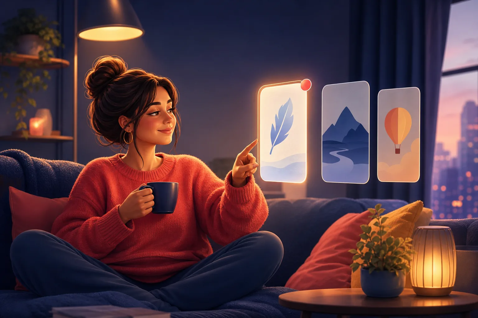 Woman on a sofa with a mug calmly comparing three simple option cards and leaning toward the easiest