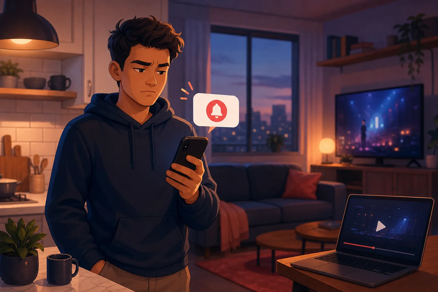 Young man in a dim kitchen frowning at a late alert on his phone, the live stream already underway on his laptop
