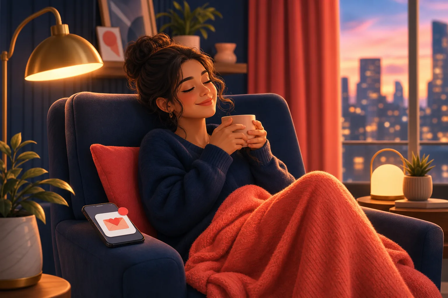 Woman relaxing in an armchair with a warm drink, confident she picked the alert tool that just works