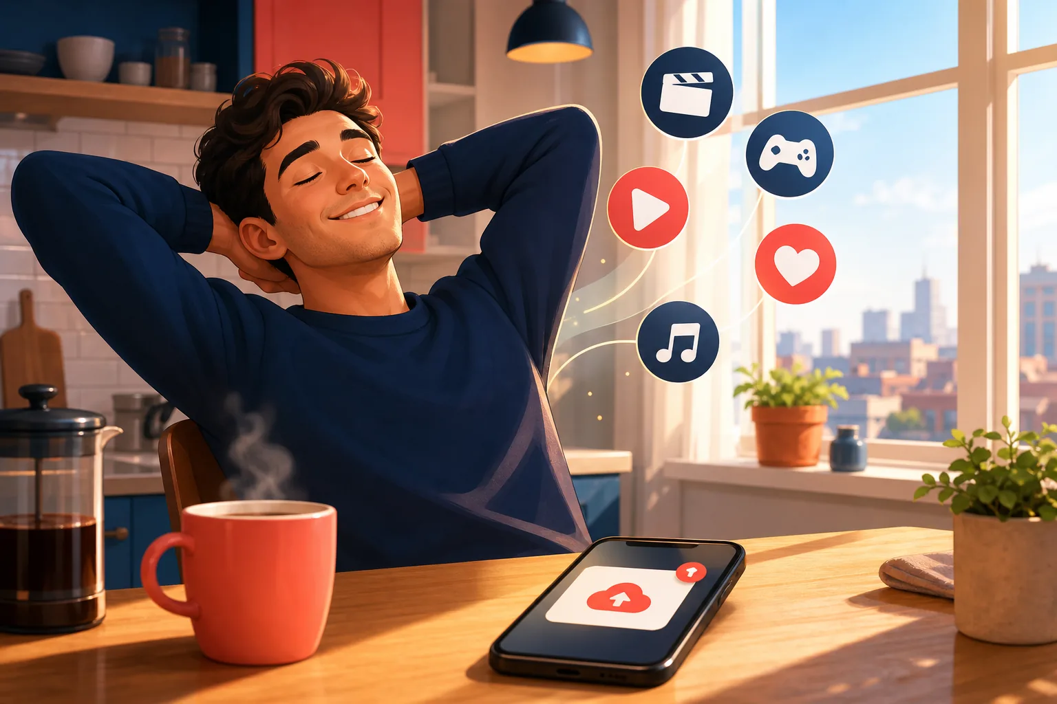 Man leaning back at a sunny kitchen table, eyes closed and smiling, as upload alerts from many favorite channels arrive on his phone