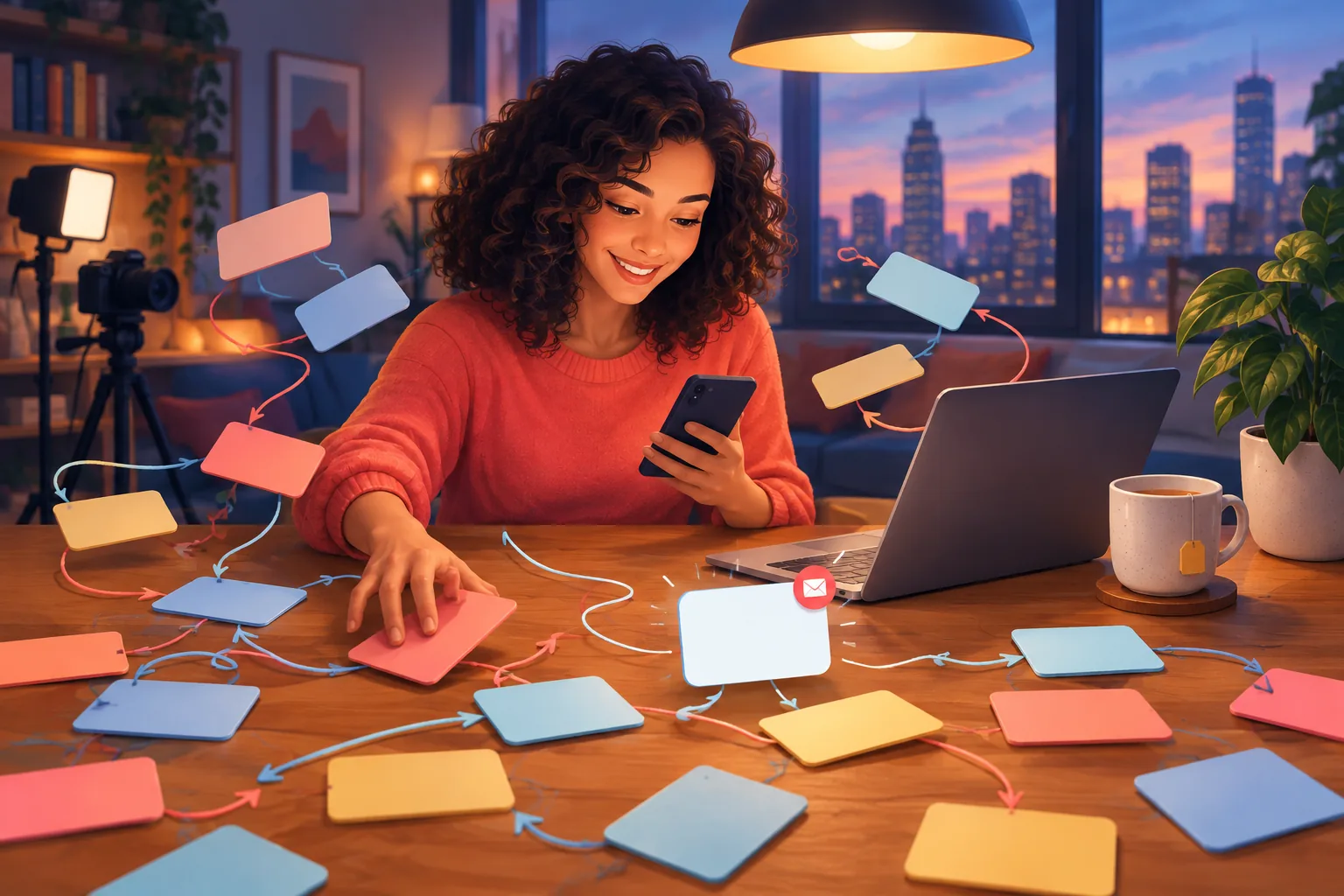 Viewer at a kitchen table tangled in automation cards, smiling as one simple upload email arrives