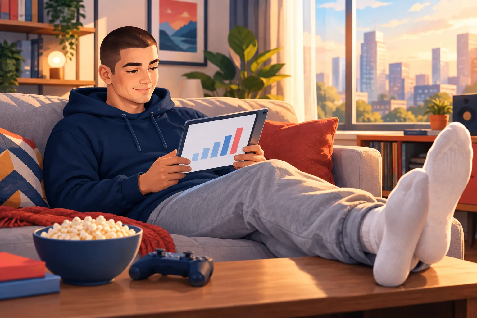 Relaxed young creator on a sofa calmly checking his weekly channel stats on a tablet, growing despite normal churn