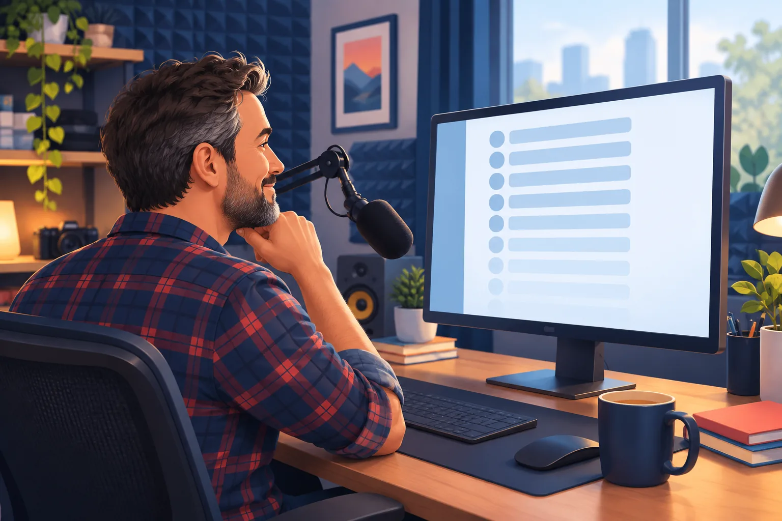 Thoughtful creator in a home studio reviewing a tidy, shorter list on a monitor, nodding with understanding