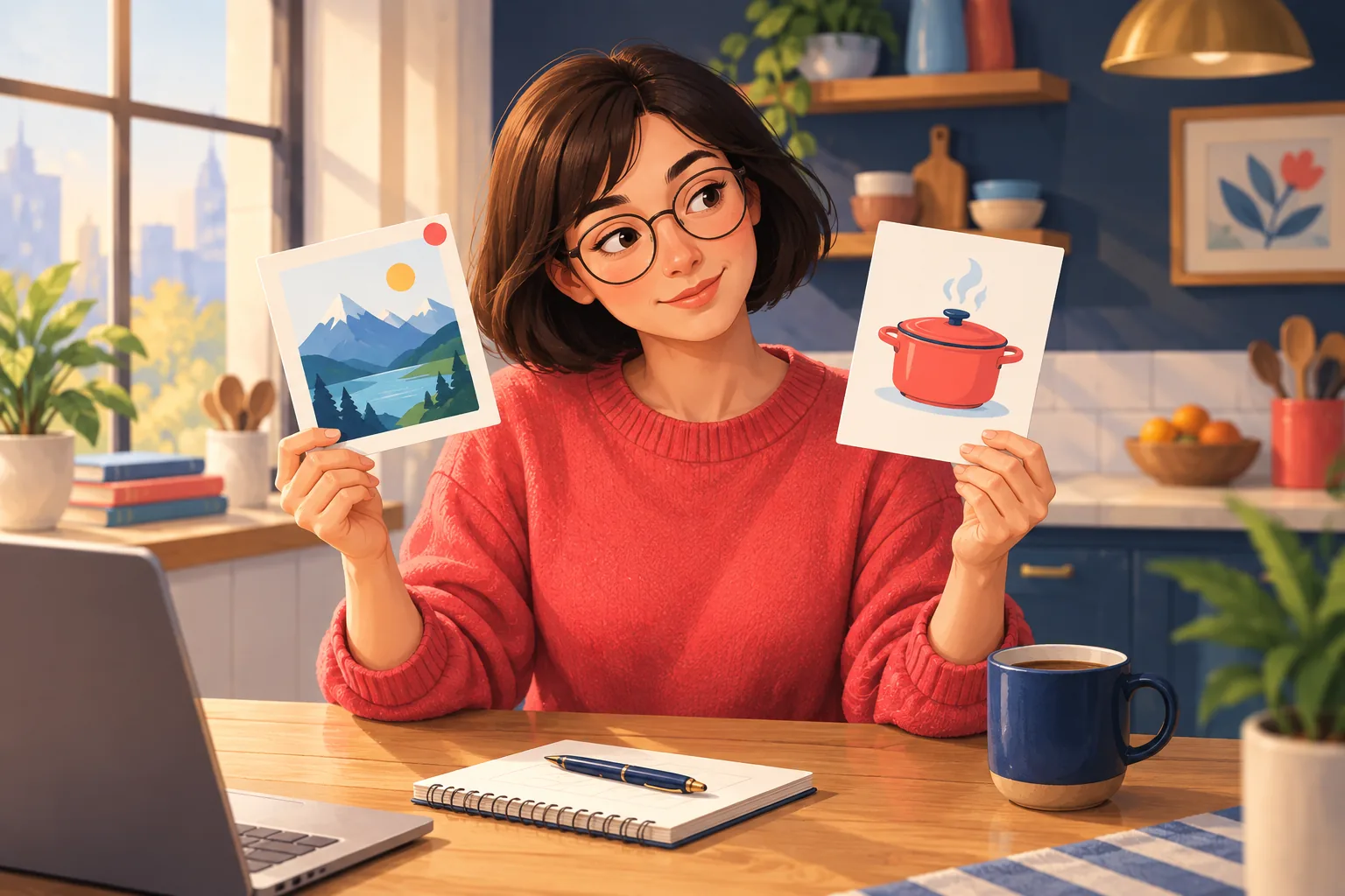 Creator at a kitchen table comparing two video thumbnails on paper cards, thinking about which topic her audience prefers