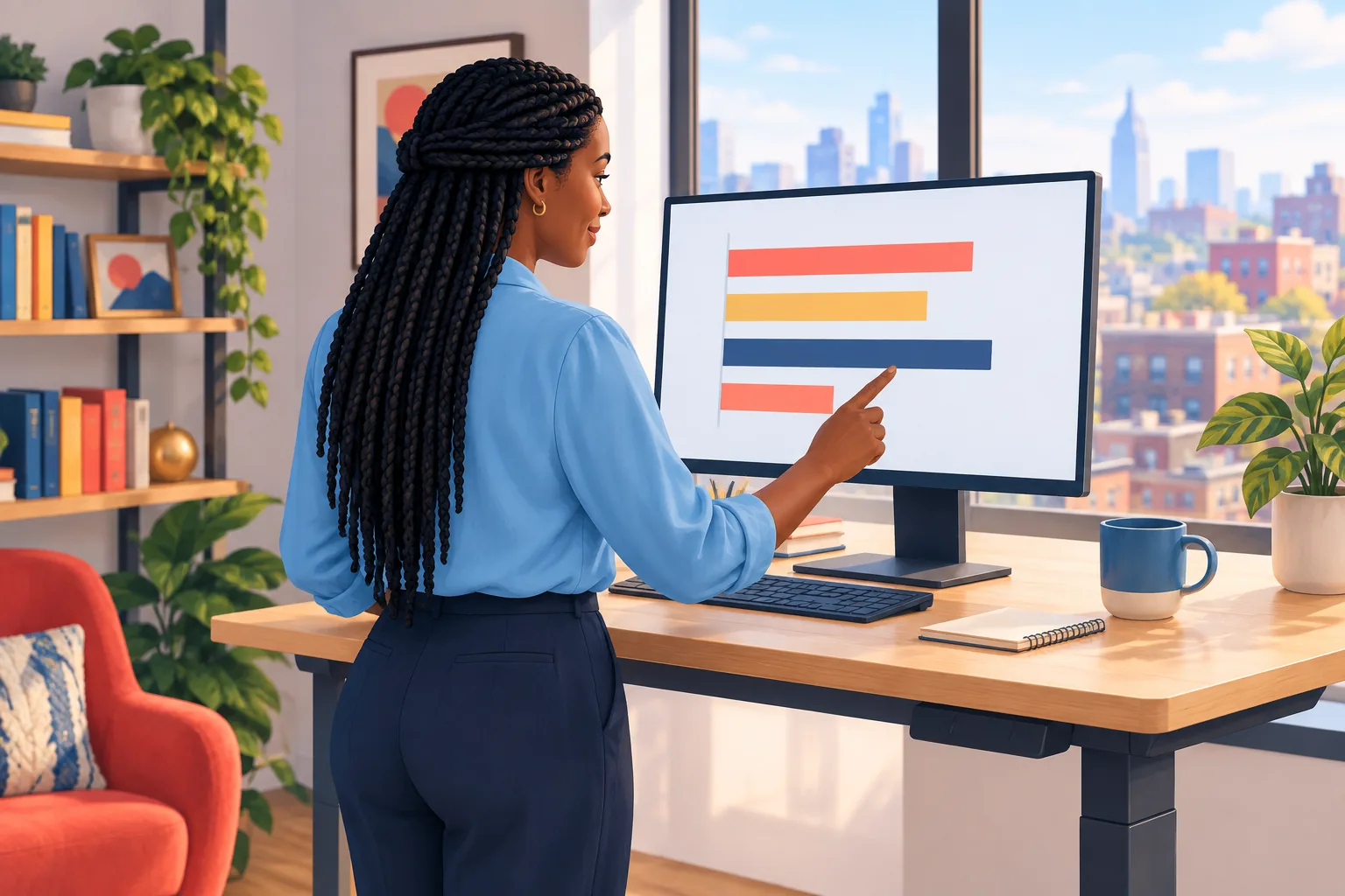 Focused creator at a standing desk tracing a report on a large monitor with her finger, calm and analytical