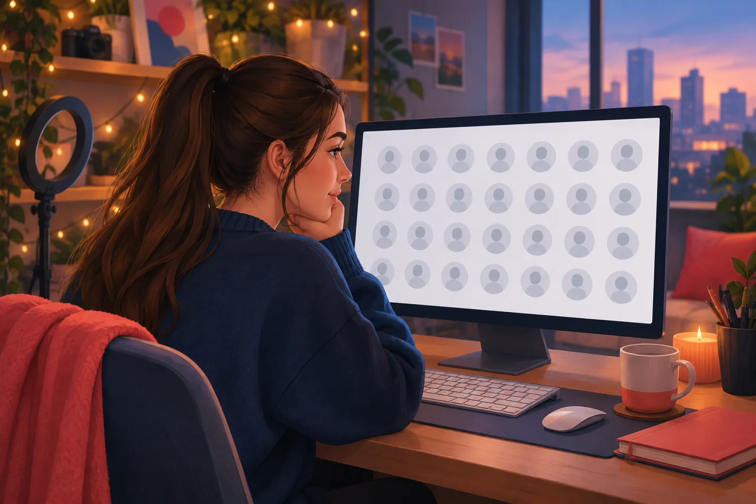 Creator in a cozy filming room studying rows of anonymous blank profile circles on her monitor, curious about who left