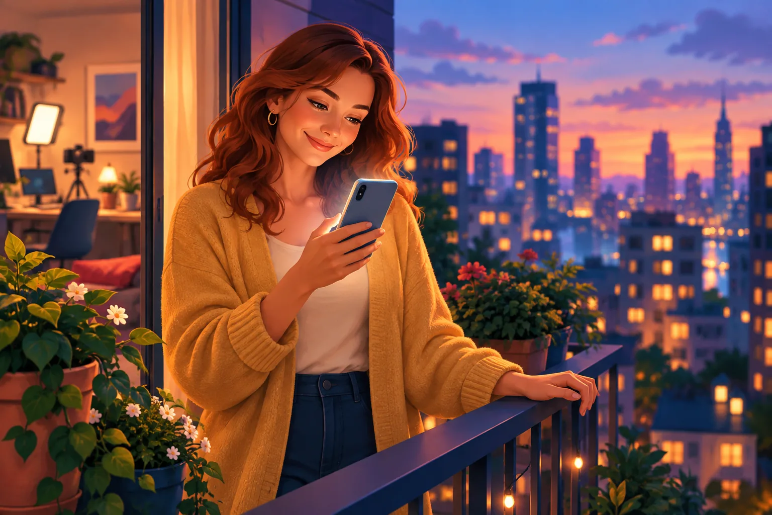 Hopeful creator on a balcony at dusk reading a warm reply from a fan on her phone, a soft city skyline behind her