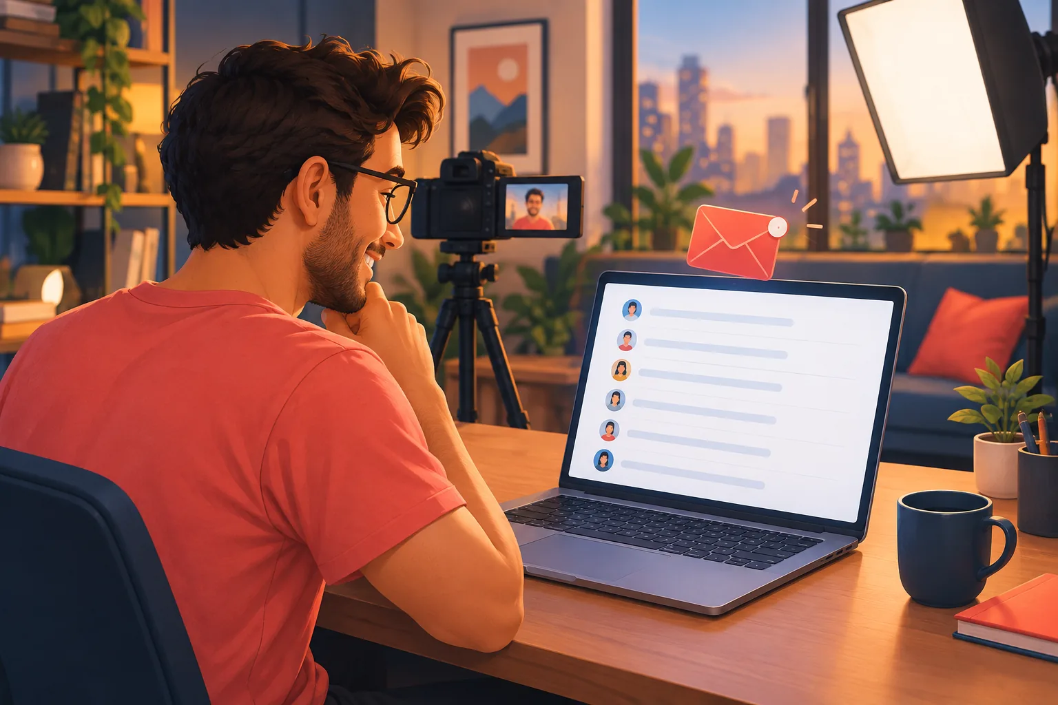 Cheerful creator at his desk after filming, smiling at a laptop showing a growing list of fans, a camera on a tripod nearby