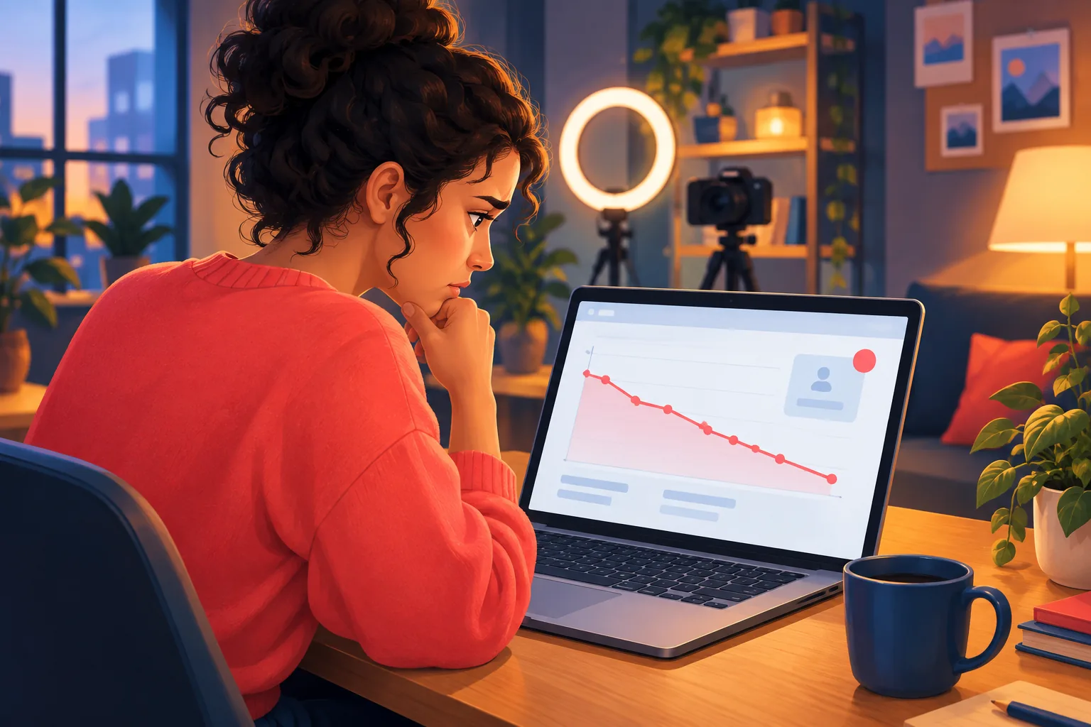 Worried creator at her desk studying a falling line on her laptop after losing subscribers on YouTube