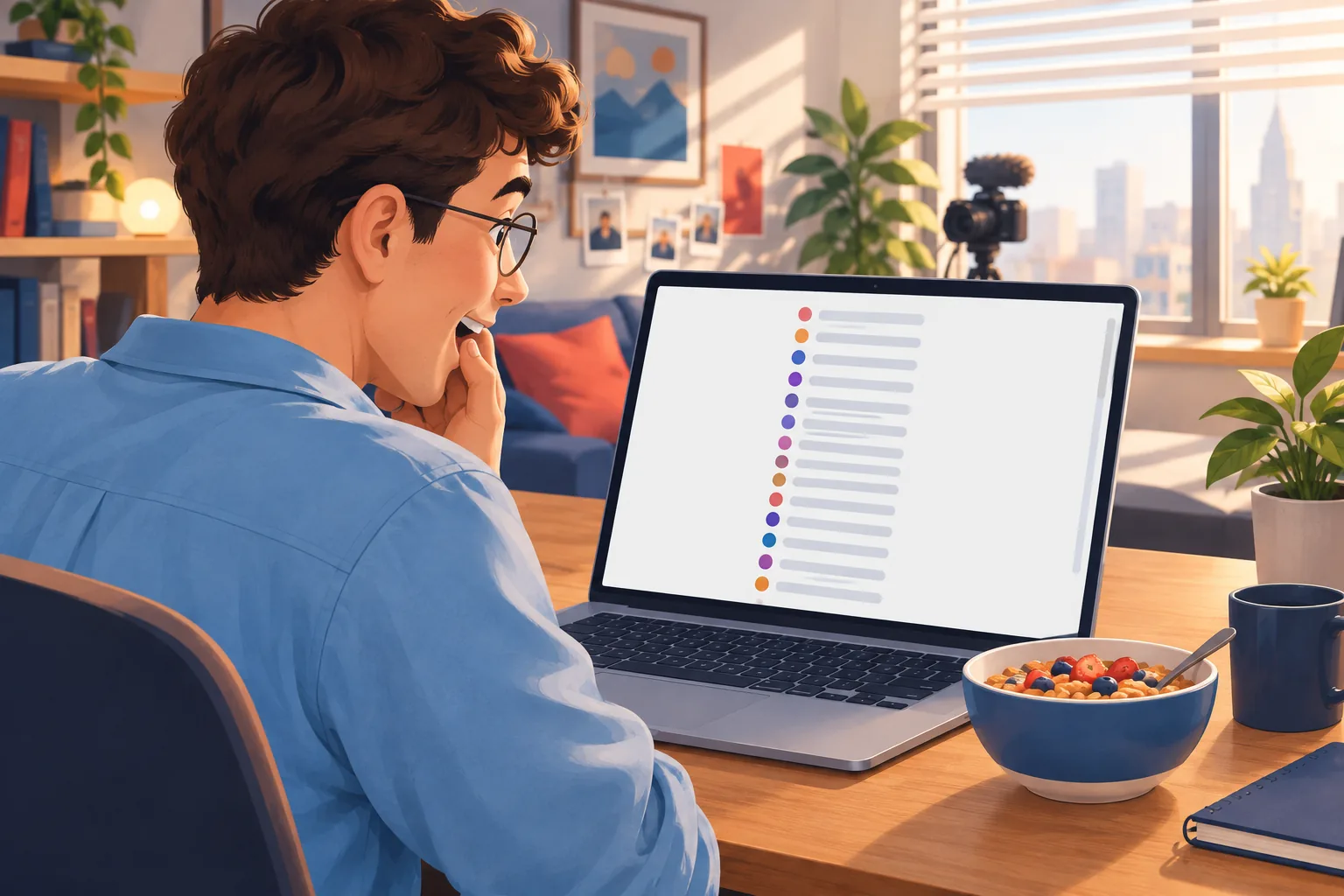 Young man at his desk surprised by how long his list of followed channels is on his laptop