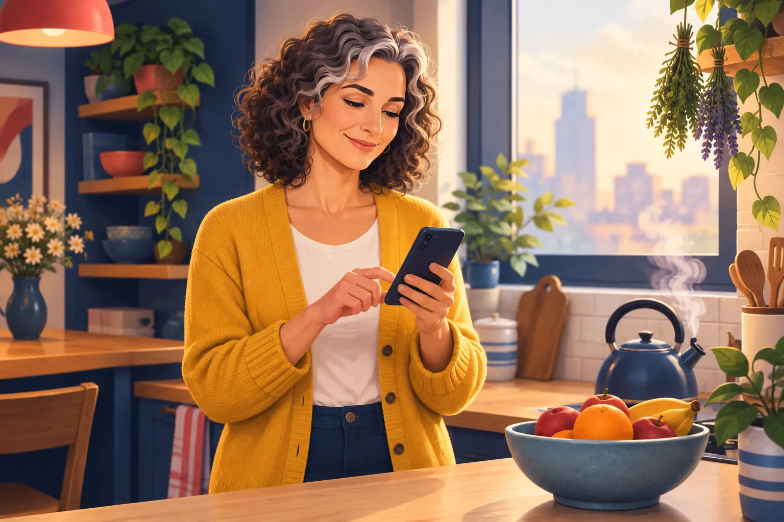 Woman at her kitchen counter swiping a channel off her list on her phone with a satisfied nod