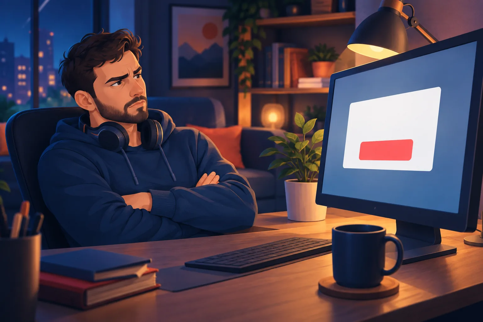 Man at his desk at night eyeing a bulk-unsubscribe popup with a skeptical frown