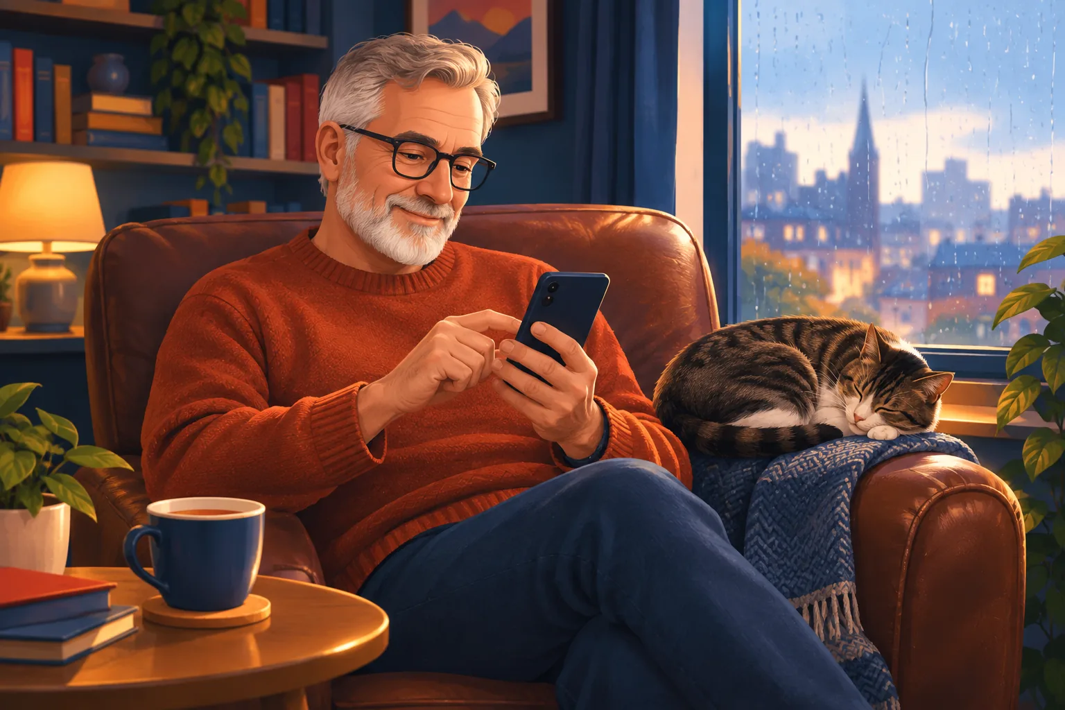 Older man in an armchair by a rainy window tapping his phone to switch on alerts for a favorite channel